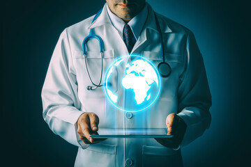 Doctor with stethoscope and tablet computer on black background, still life style, Technology to...