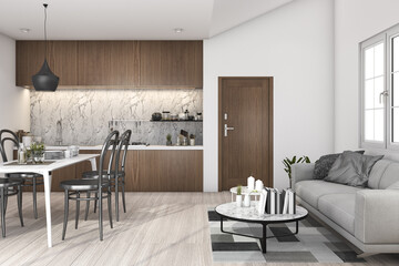 3d rendering loft living room with kitchen and dining table