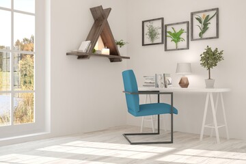 White modern room with work place. Scandinavian interior design. 3D illustration