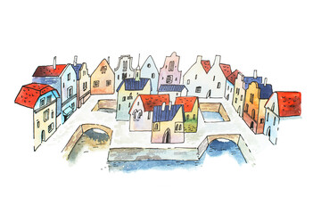 Aquarelle sketch of canal city street in France, Europe