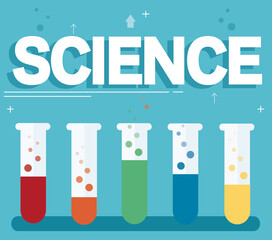 science text and colorful laboratory filled with a clear liquid and blue background 