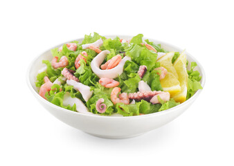 Seafood salad on white background..