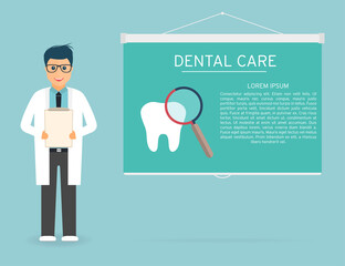 Doctor with medical clipboard in hands. Tooth, magnifier, dental care on projection screen. Doctor on presentation. Handsome young doctor in glasses