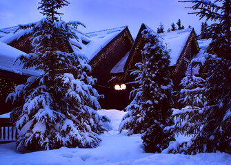 A fairy-tale house in the woods amid the snow-covered fir trees, Christmas landscape. Winter nature.