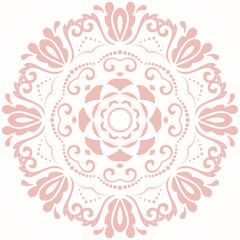 Oriental vector round pink pattern with arabesques and floral elements. Traditional classic ornament. Vintage pattern with arabesques