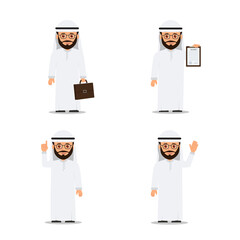 Set characters arab man in various poses. Arab businessman. Vector illustration in flat style