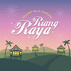 Hari Raya Aidilfitri greeting card template. Vector traditional malay wooden houses with nightfall landscape background and fireworks. (translation: Happy Fasting Day ; return hometown safely) - obrazy, fototapety, plakaty