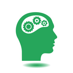 Thinking icon.  Silhouette of gear in head. Flat design style.