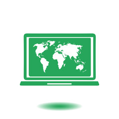 Laptop and world map illustration. World map geography symbol.  Flat design style. 