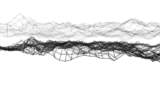 Abstract simple black and white waving 3D grid or mesh as cartoon background. Grey geometric vibrating environment or pulsating background 1.