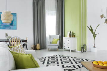 Green and white home interior