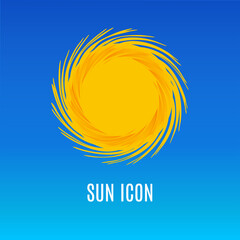 Yellow flat sun isolated on blue clear sky. Your company logotype. Sunlight symbol icon. Element for Solar logo design. Vector illustration