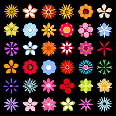Fototapeta na wymiar Flower icons isolated on black background collection. Retro design elements for stickers, labels, tags, gift wrapping paper, greeting cards. Vector illustration
