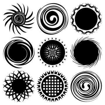 Set of monochrome different black suns isolated on white background. Weather icon, shape, label, symbol for your design. Graphic design element for logo, web and print. Vector illustration