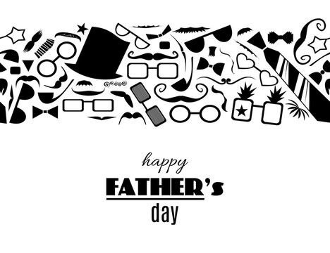Happy Father's Day monochrome greeting card with horizontal border pattern from father's attributes. Vector illustration