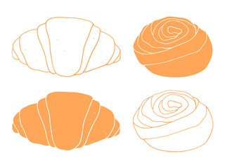 Hand drawn set of croissant and roll bun. Hand drawn bakery illustration 