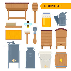 Apiary vector flat illustrations with beekeeping elements