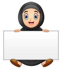 Happy muslim girl cartoon holding blank sign 