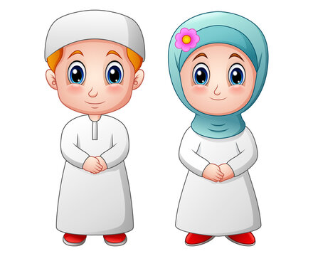 Happy muslim kid cartoon isolated on white background