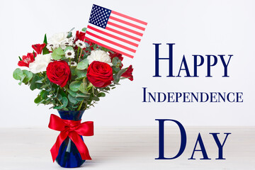 Beautiful bouquet with american flag on white background, Happy independence day concept