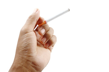 Smokers hand with cigarette isolated clipping path.