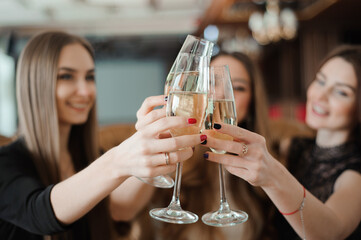 Portrait of happy young friends touching the glasses with each other