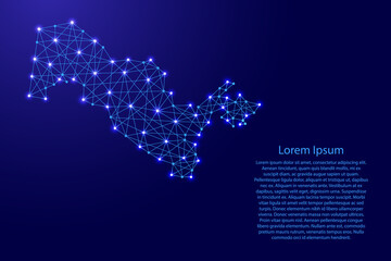 Map of Uzbekistan from polygonal blue lines and glowing stars vector illustration