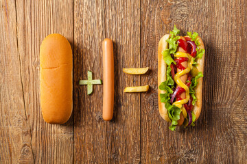 Concept, equation, result. The effects of eating hot dogs. Conceptual photo.