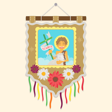 Brazilian traditional flag with a picture of Saint John / Flat vector cartoon for june party or religious themes