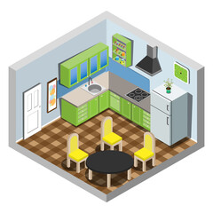 Vector isometric set of kitchen furniture.