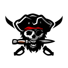 The skull of a pirate, with a dagger in his teeth.