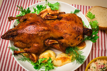 Festive baked duck with apples close-up on a plate on a table.