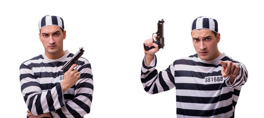 The man prisoner with gun isolated on white