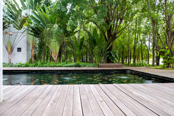 garden fish pond with wooden