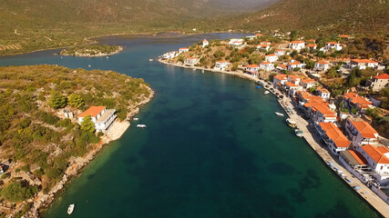 Naklejka na ściany i meble Aerial drone photo of natural fjord of Gerakas and small village, Peloponnese, Greece