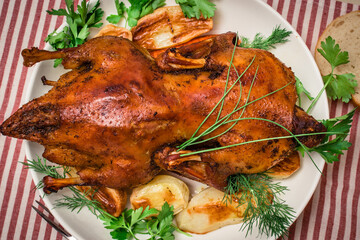 Festive baked duck with apples close-up on a plate on a table.