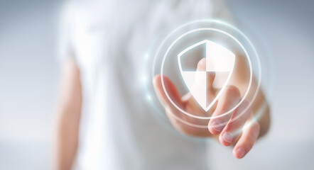 Businessman using shield safe protection to protect his datas 3D rendering