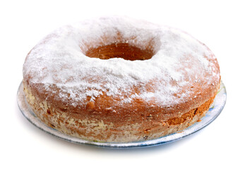 Round Bread with raisin on the plate. Isolated.