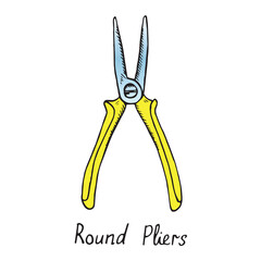 Round Pliers, hand drawn doodle sketch in pop art style, vector color illustration