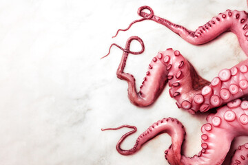 Overhead photo of octopus tentacles on white marble © laplateresca