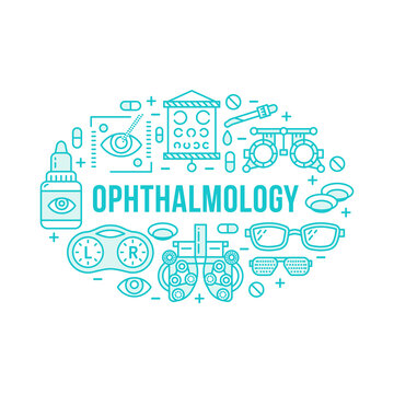 Ophthalmology, medical banner illustration. Eyes health care vector line icons of optometry equipment, contact lenses, glasses. Healthcare brochure, poster design. Blue isolated on white background.