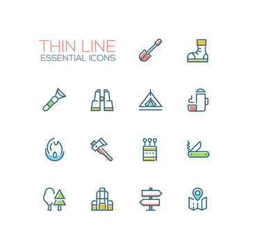 Camping and Hiking - line icons set