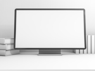 Computer on workspace table showing blank white screen. 3D rendering