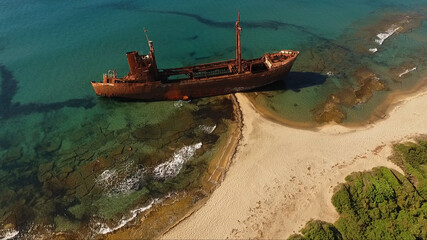 Aerial drone photo of shipwreck of Agios Dimitrios near Githeio, Peloponnese, Greece