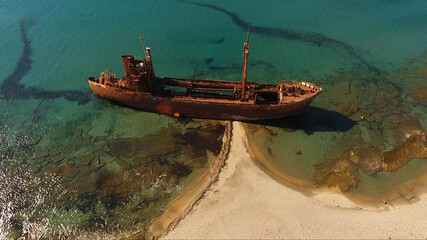 Aerial drone photo of shipwreck of Agios Dimitrios near Githeio, Peloponnese, Greece