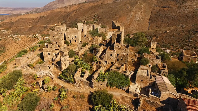 Aerial drone photo of castles in Vatheia, Mani, Peloponnese, Greece