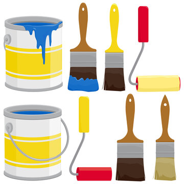 Paint cans, brushes and rollers. Vector illustration