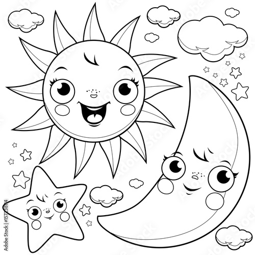 Cute Unicorn Flying In The Night Sky Black And White Coloring Book Page Stock Image Royalty Free Vector Files On Fotolia