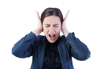 Portrait of screaming female face squeeze her ears by hand - isolated on white.