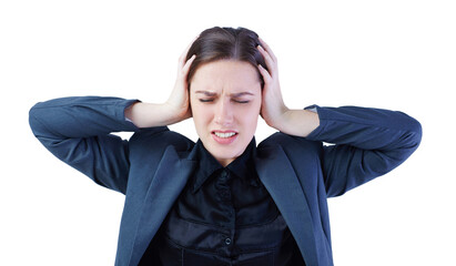 Portrait of screaming female face squeeze her ears by hand - isolated on white.